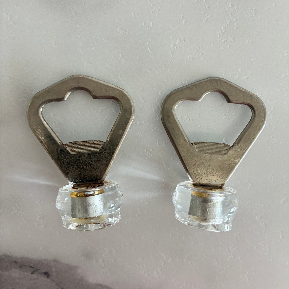 Vintage Bottle Opener Glass Stopper Set of 2 Silver Metal Barware Tools